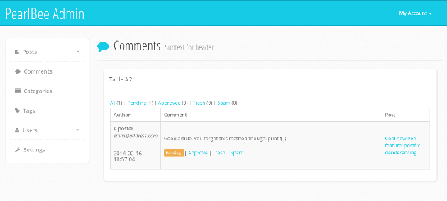 PearlBee comment management page screenshot