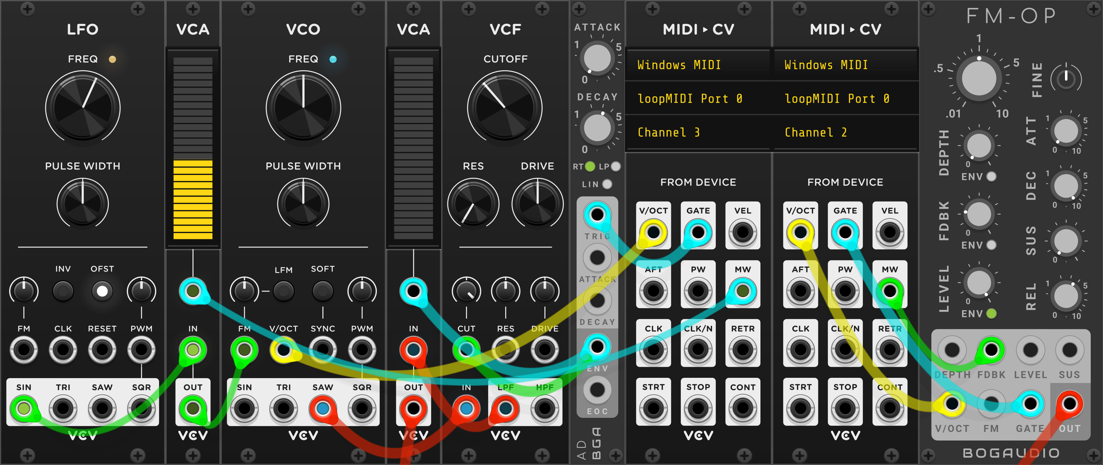 VCV Rack patch with FM OP controlled by channel 2 and a subtractive patch controlled by channel 3