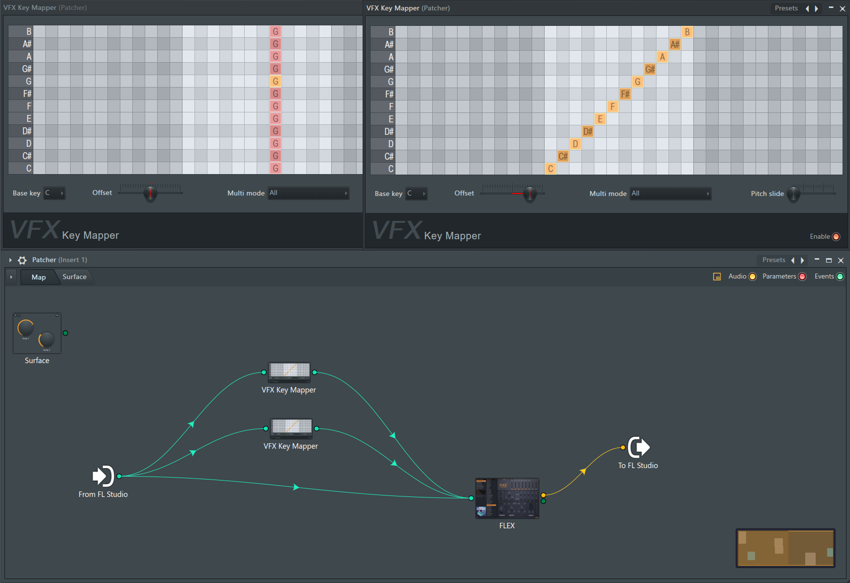 FL Studio Patcher with MIDI input routed to FLEX and two instances of VFX Key Mapper